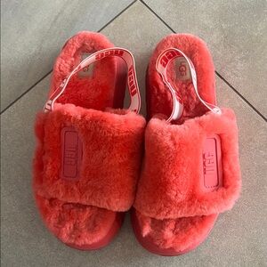 UGG Vibrant Coral Fluffy Slides